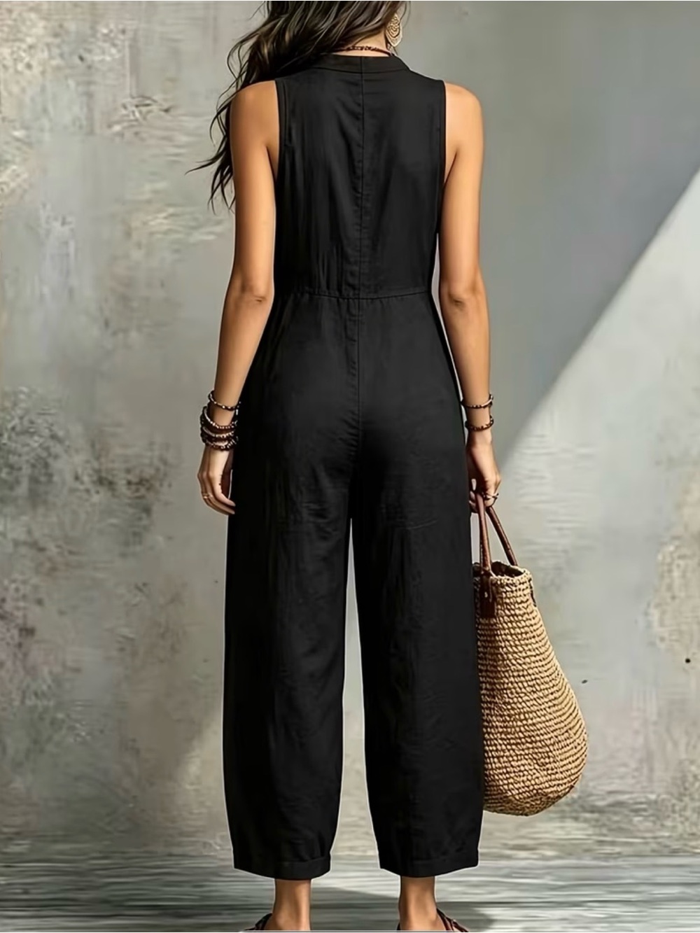 Sleeveless Black Utility Jumpsuit with Wide Legs - Picture 3 of 4